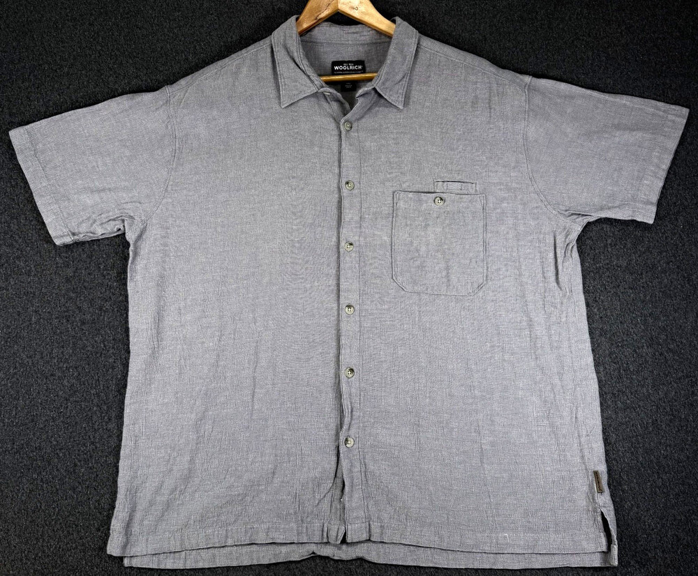 Woolrich Shirt Mens 2XL Gray Solid Short Sleeve Button-Up Pockets Point Collar